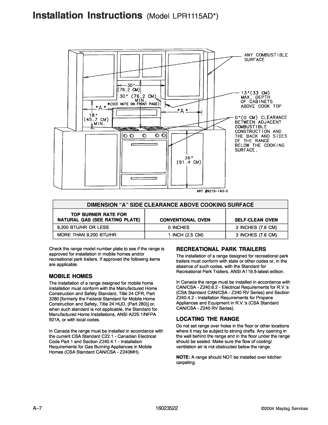 Maytag CG31400ADW, CPL1100ADH/L/Q/T/W, CPL1110ADH/L/T Installation Instructions Model LPR1115AD, 16023522, Maytag Services 