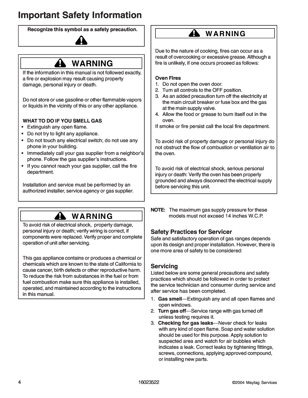 Maytag CGR1125ADQ/W manual Important Safety Information, W A R Nin G, Safety Practices for Servicer, Servicing, Oven Fires 
