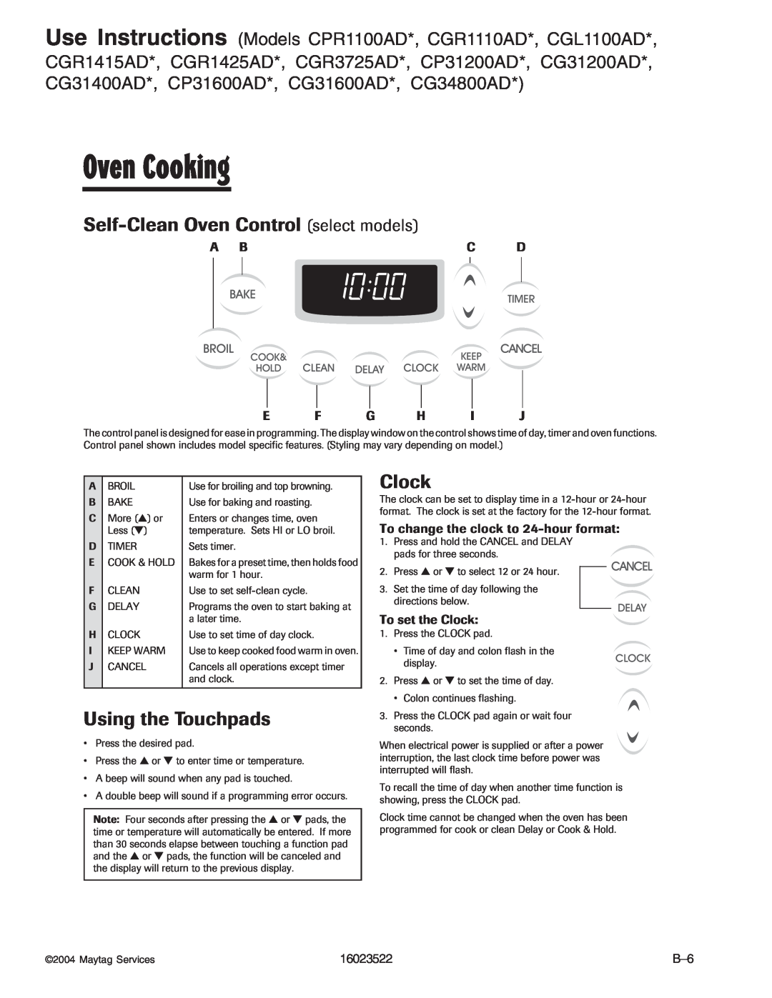 Maytag CGR1125ADQ/W Self-Clean Oven Control select models, A Bc D E F G H I J, To set the Clock, Oven Cooking, cont 