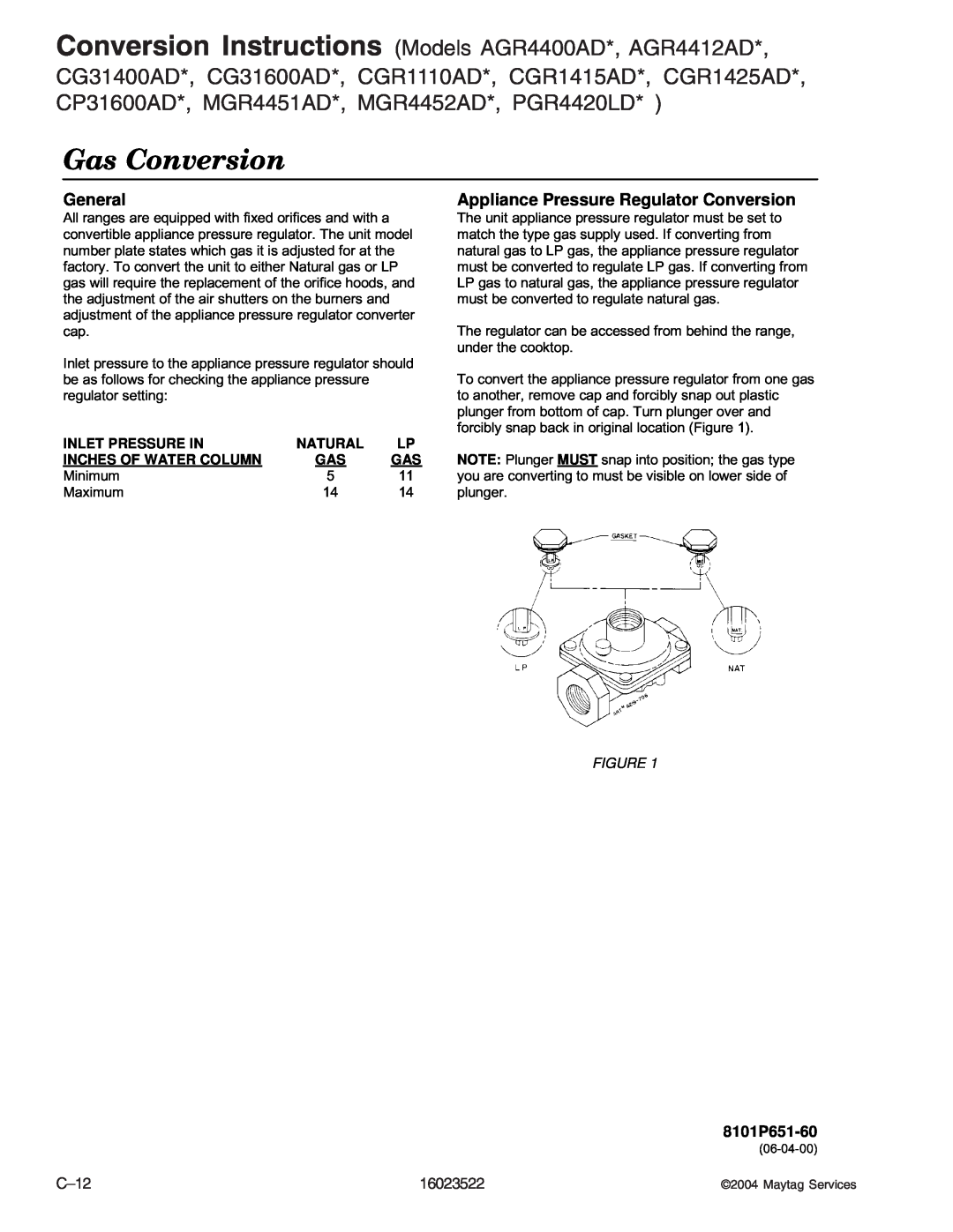 Maytag CPR1100ADQ/W manual Gas Conversion, General, Appliance Pressure Regulator Conversion, Inlet Pressure In, Natural 