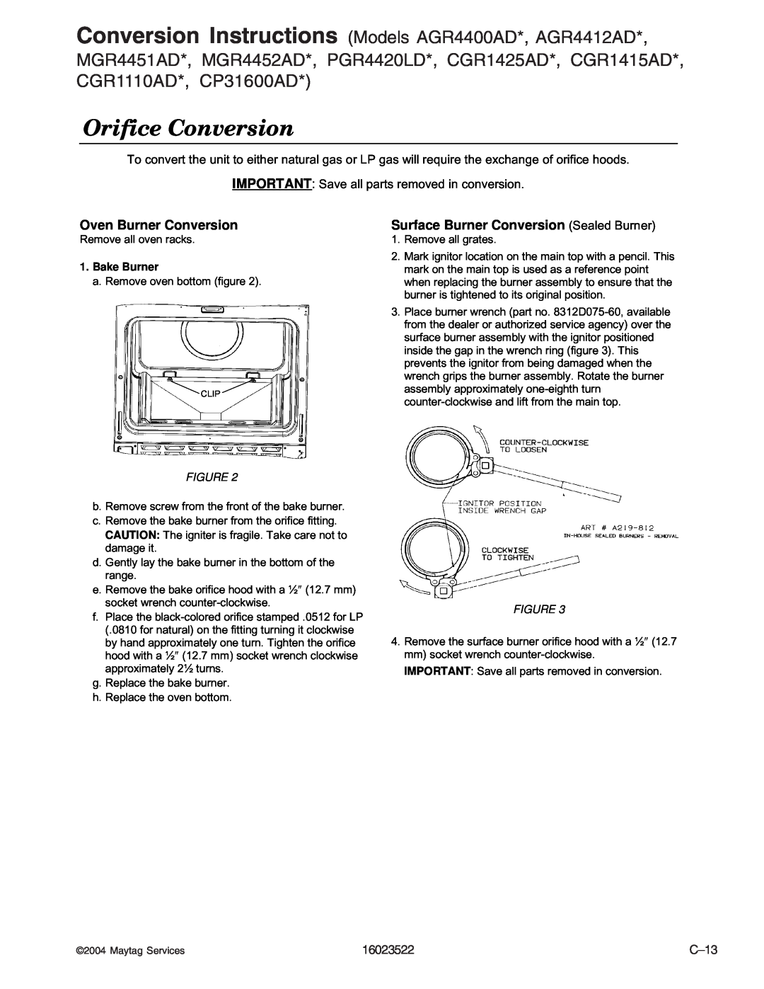 Maytag CGL1100ADQ/W manual Orifice Conversion, Oven Burner Conversion, Surface Burner Conversion Sealed Burner, Bake Burner 