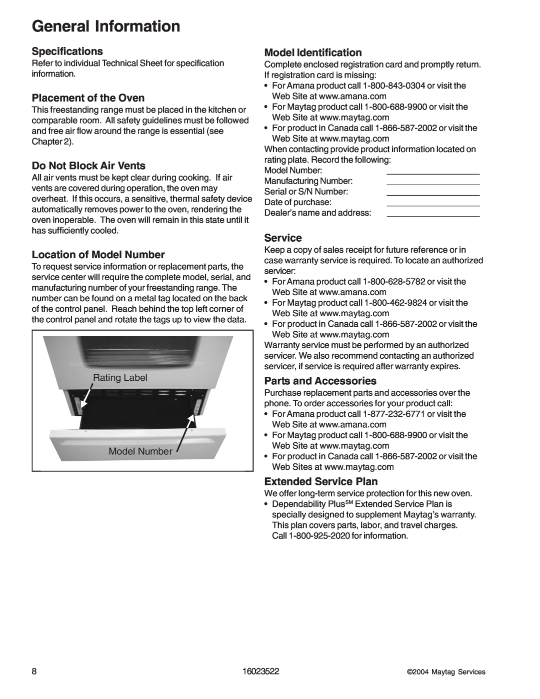 Maytag CPR1100ADQ/W manual Specifications, Placement of the Oven, Do Not Block Air Vents, Location of Model Number, Service 