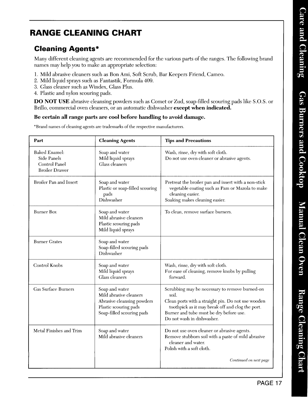 Maytag CRG7500A, CRG7400B, CRG8200B warranty Range Cleaning Chart 