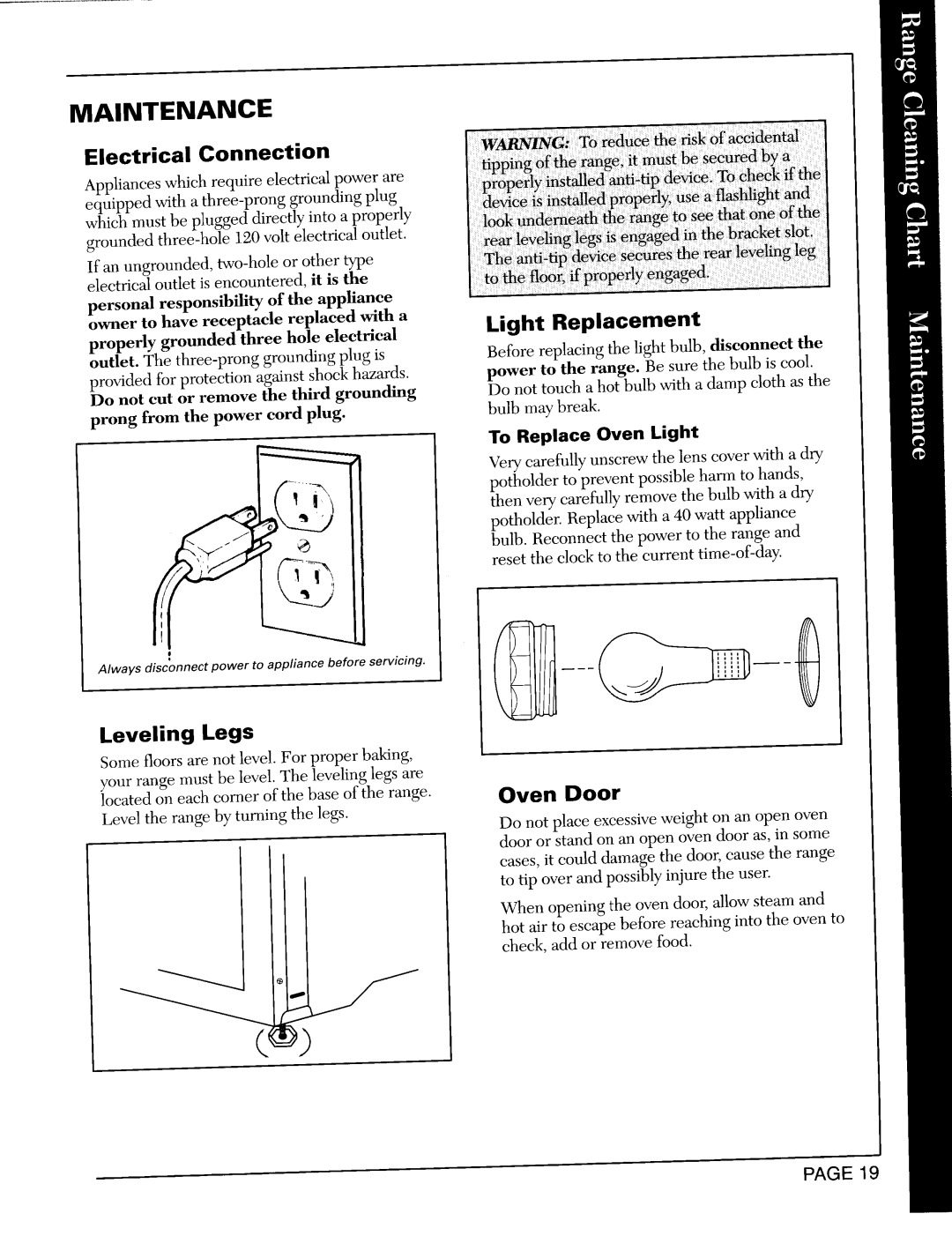 Maytag CRG8200B, CRG7500A, CRG7400B warranty Leveling Legs, Light Replacement, Oven Door, To Replace Oven Light 