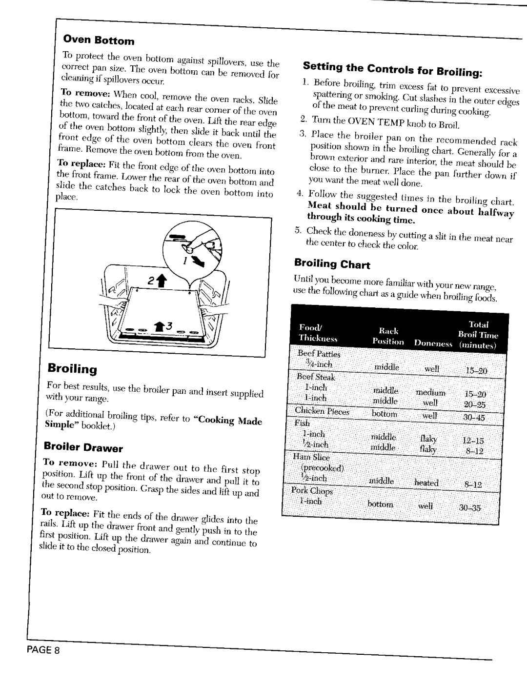 Maytag CRG7500A, CRG7400B, CRG8200B Oven Bottom, Setting the Controls for Broiling, Broiling Chart, Broiler Drawer 