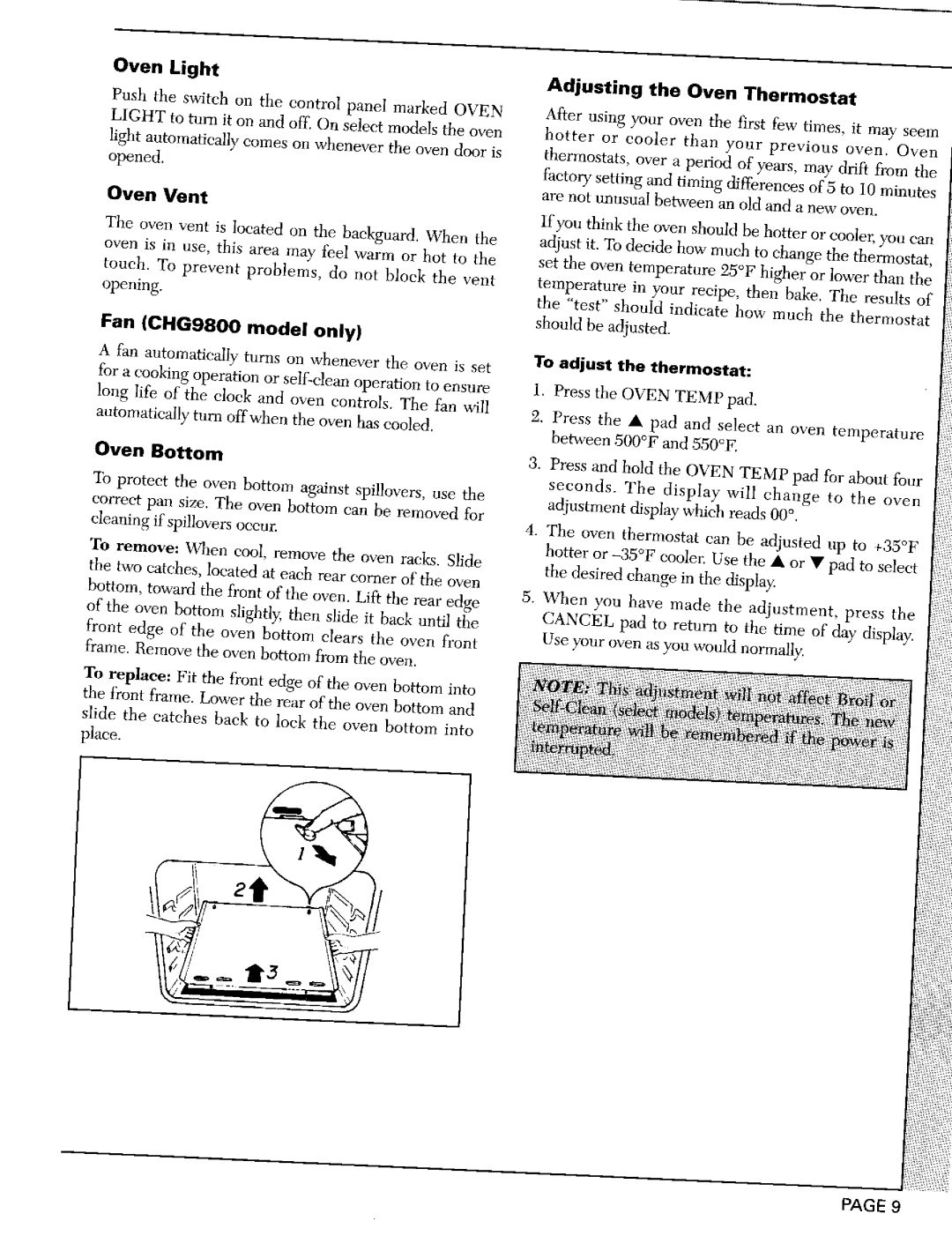 Maytag CRG9700C Oven Light, Oven Vent, Fan CHG9800 model only, Adjusting the Oven Thermostat, To adjust the thermostat 