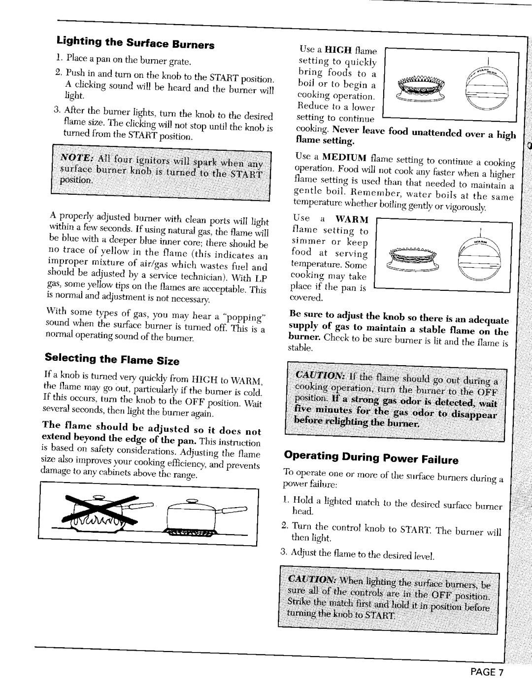 Maytag CRG7700B, CRG9800C, CRG9700C Lighting the Surface Burners, Selecting the Flame Size, Operating During Power Failure 