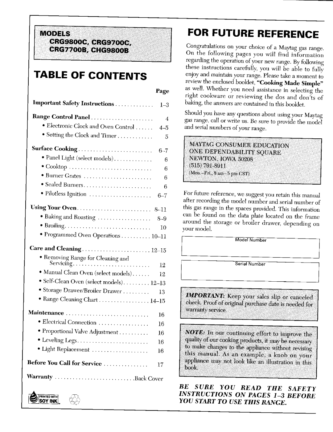 Maytag CRG9800C, CRG7700B warranty Table Of Contents, For Future Reference, SerialNumber, Be Sure You Bead The Safety 