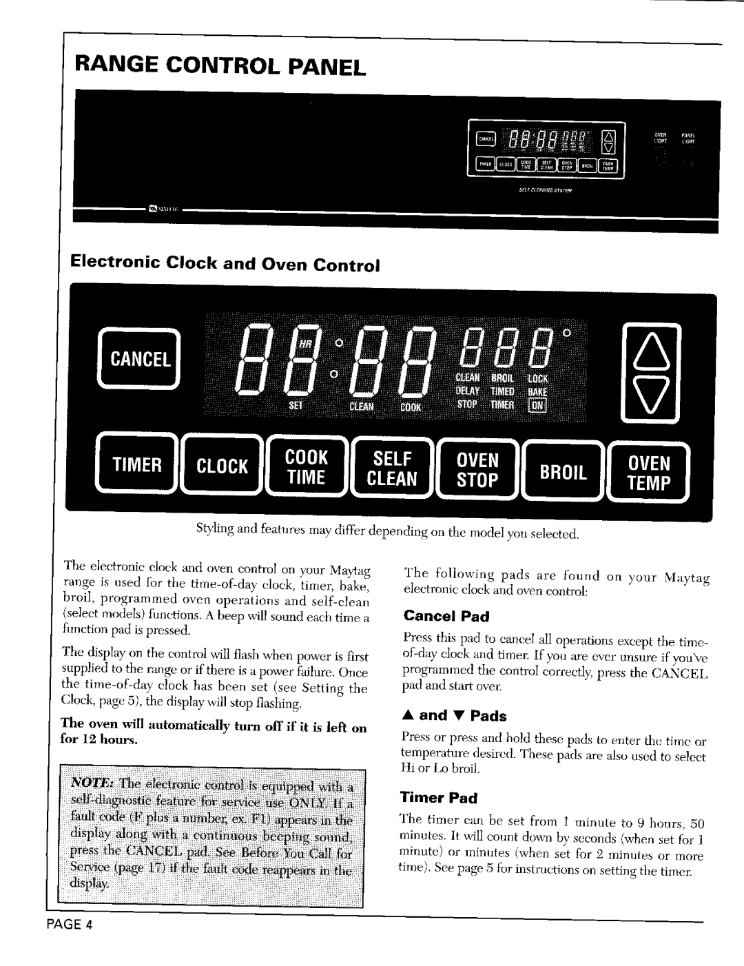 Maytag CRG9800C, CRG7700B Range Control Panel, Electronic Clock and Oven Control, Cancel Pad, •and • Pads, Timer Pad 