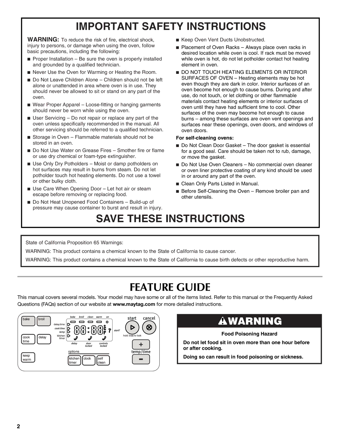 Maytag CWE4100ACB, CWE4100ACE warranty Feature Guide, Important Safety Instructions 