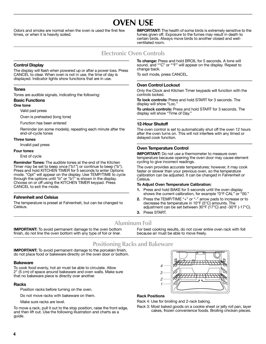 Maytag CWE4100ACB, CWE4100ACE warranty Oven USE, Electronic Oven Controls, Aluminum Foil, Positioning Racks and Bakeware 