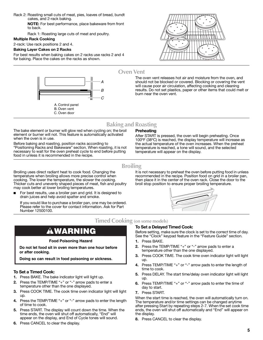 Maytag CWE4100ACE, CWE4100ACB warranty Oven Vent, Baking and Roasting, Broiling 