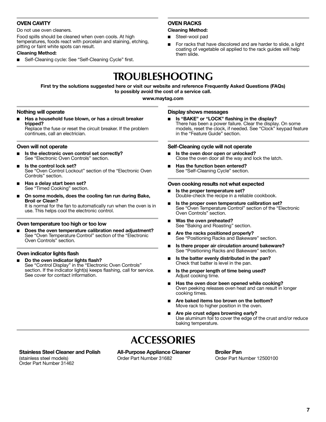 Maytag CWE4100ACE, CWE4100ACB warranty Troubleshooting, Accessories, Oven Cavity, Oven Racks 