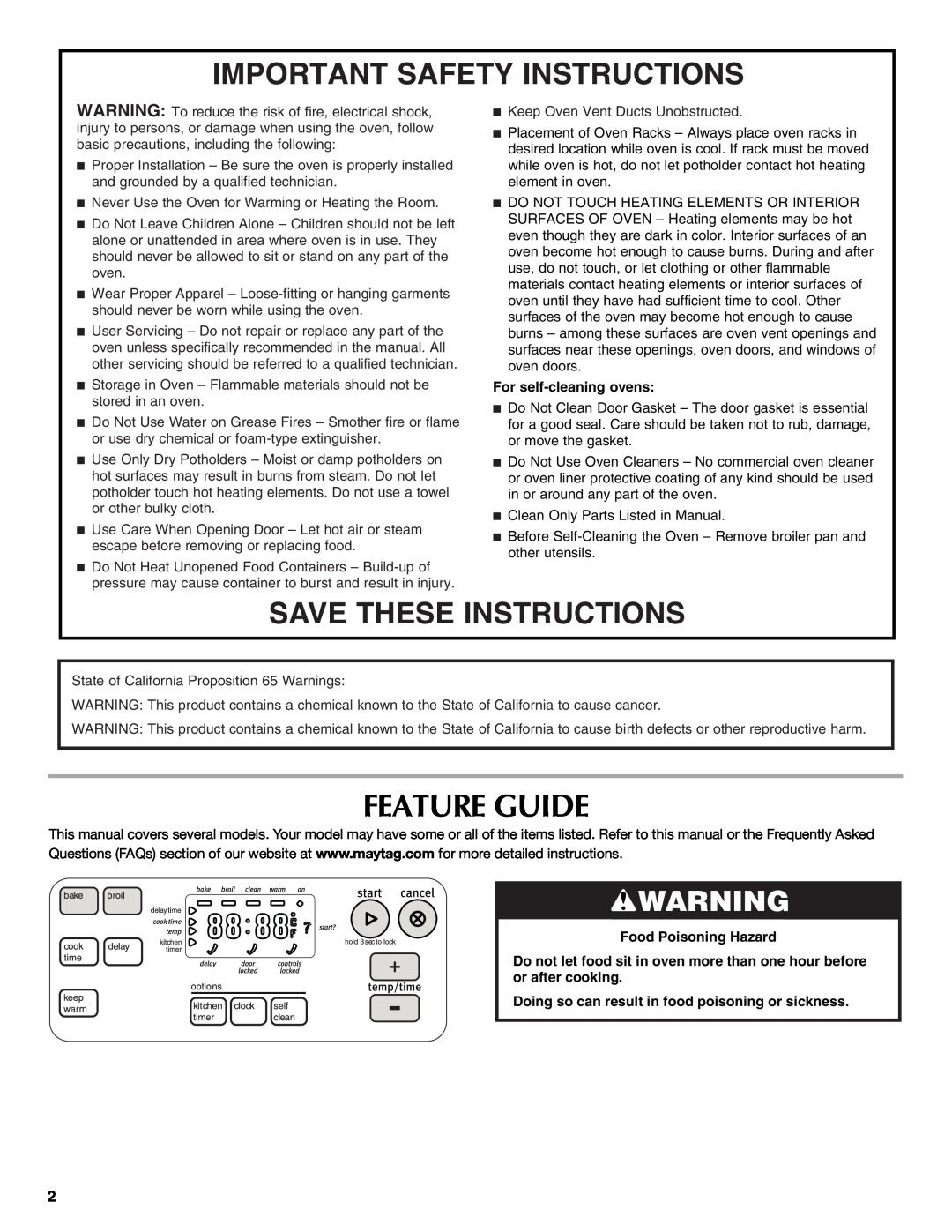 Maytag CWE4100ACB, CWE4100ACE Feature Guide, For self-cleaning ovens, Food Poisoning Hazard, Important Safety Instructions 