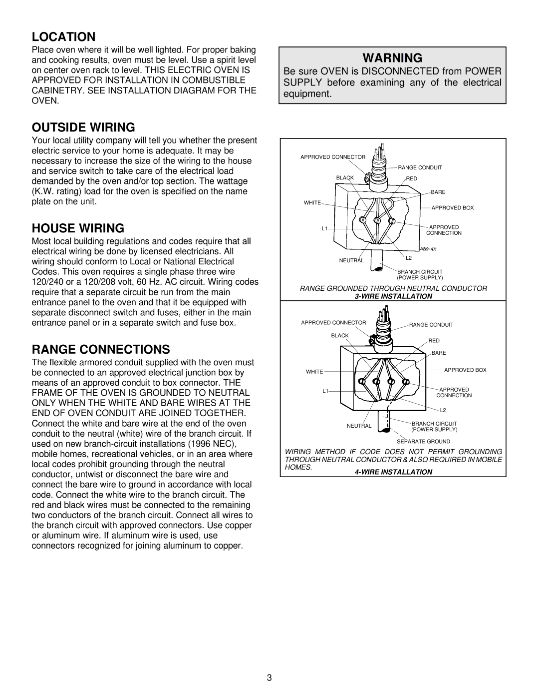 Maytag CWE4800ACE installation instructions Location, Outside Wiring, House Wiring, Range Connections, Wire Installation 