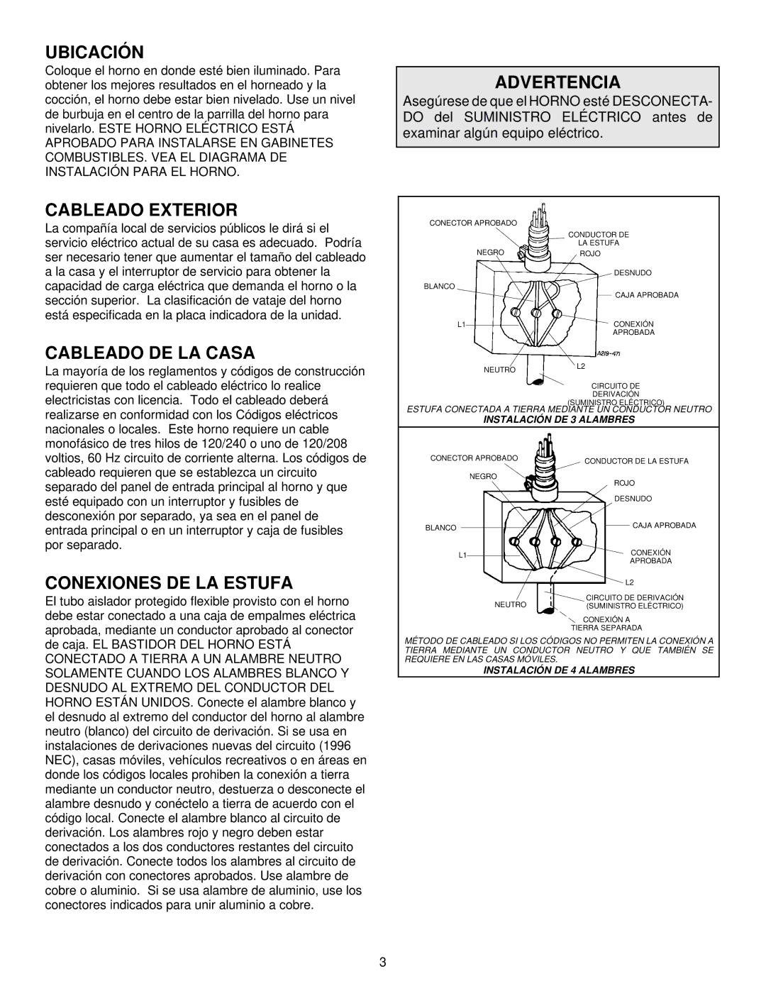 Maytag CWE4800ACE Ubicación, Advertencia, Cableado Exterior, Cableado DE LA Casa, Conexiones DE LA Estufa 