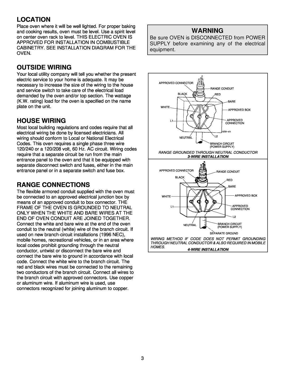 Maytag CWE4800ACE installation instructions Location, Outside Wiring, House Wiring, Range Connections, Wire Installation 