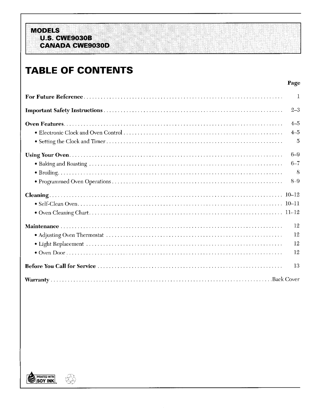 Maytag CWE9030D, CWE9030B important safety instructions Table of Contents 