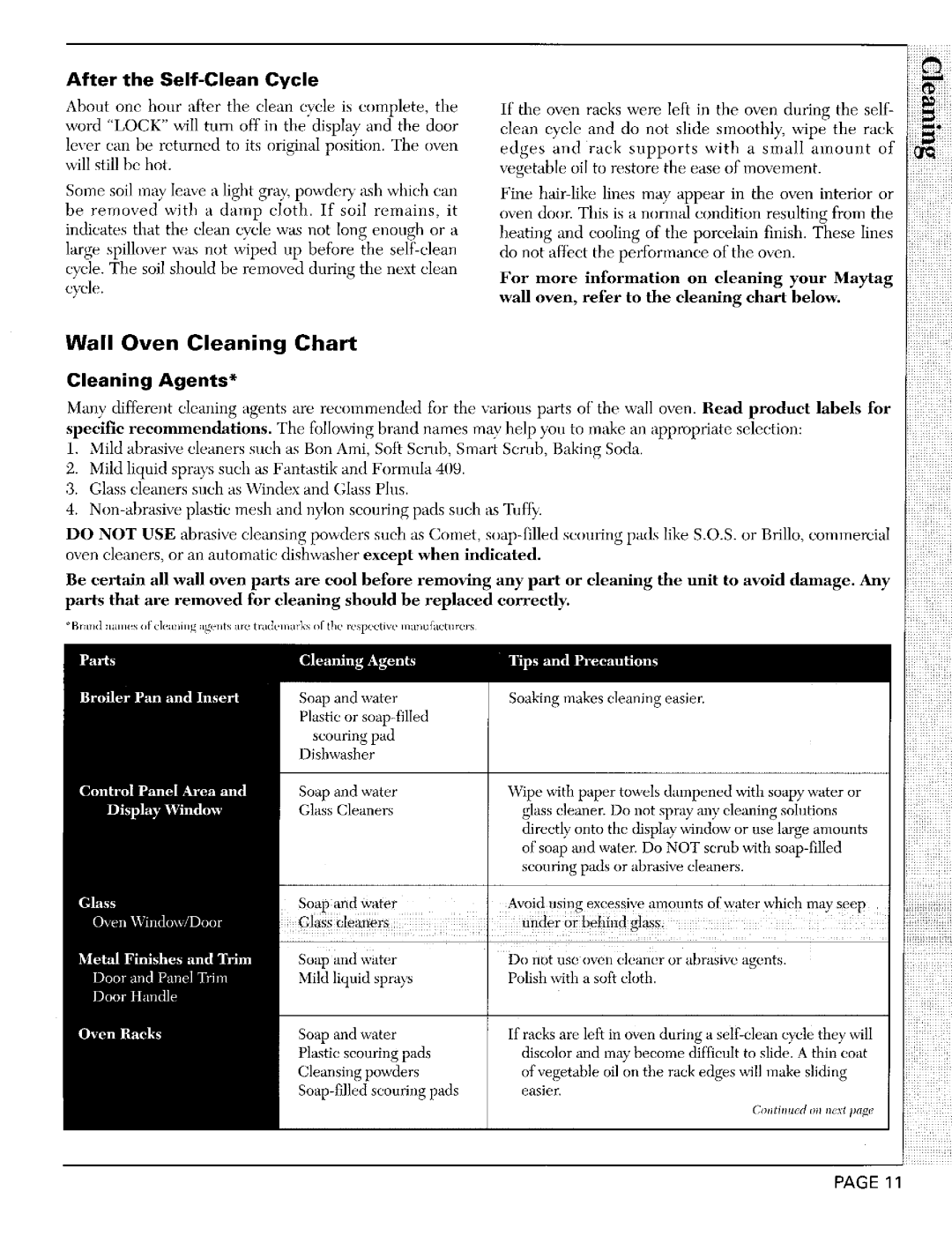 Maytag CWE9030B, CWE9030D Wall Oven Cleaning Chart, After the Self-Clean Cycle, Cleaning Agents 