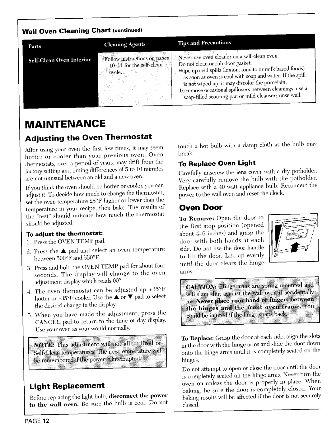 Maytag CWE9030D Maintenance, Adjusting the Oven Thermostat, Wall Oven Cleaning Chart ¢o.ti..ed, To adjust the thermostat 