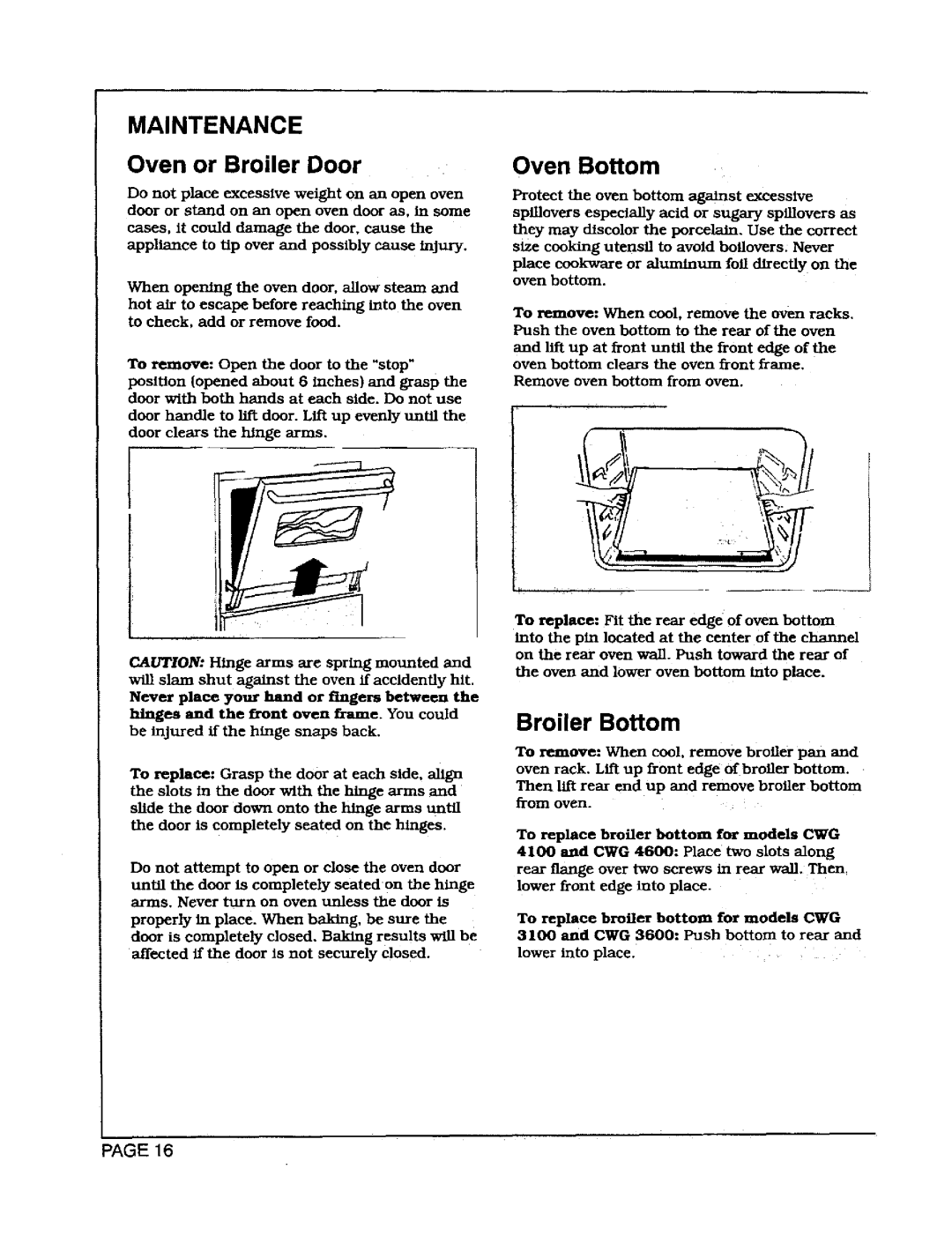 Maytag CWG4100, CWG3100, CWG3600 manual Oven Bottom, Broiler Bottom, Maintenance, Oven or Broiler Door 