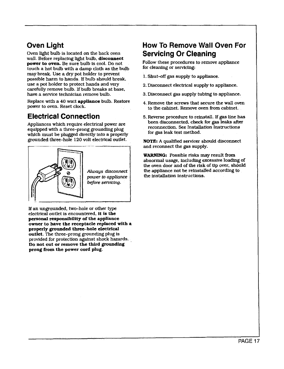 Maytag CWG3100, CWG4100, CWG3600 manual How To Remove Wall Oven For Servicing Or Cleaning, Electrical Connection 