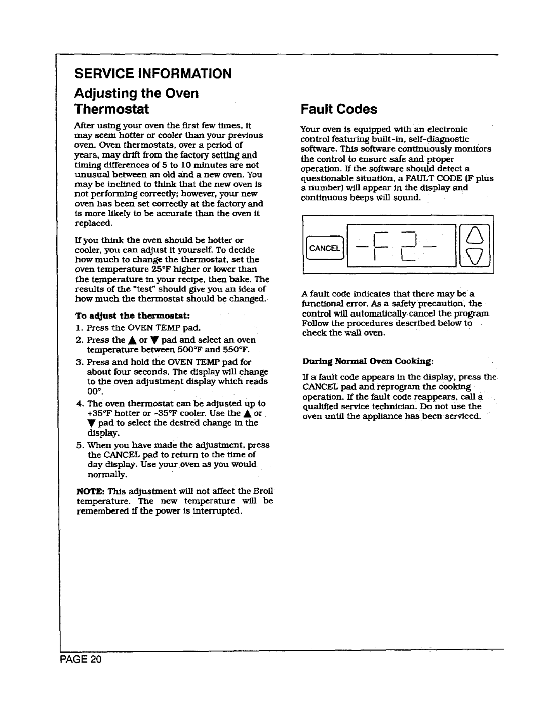 Maytag CWG3100, CWG4100 Service Information, Adjusting the Oven Thermostat, Fault Codes, Pag E, To adjust the thermostat 