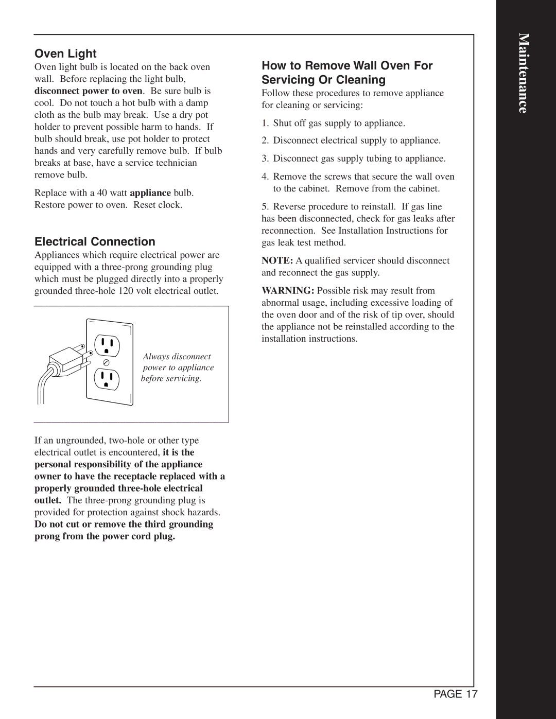 Maytag CWG4600 manual Maintenance, Electrical Connection, How to Remove Wall Oven For Servicing Or Cleaning 