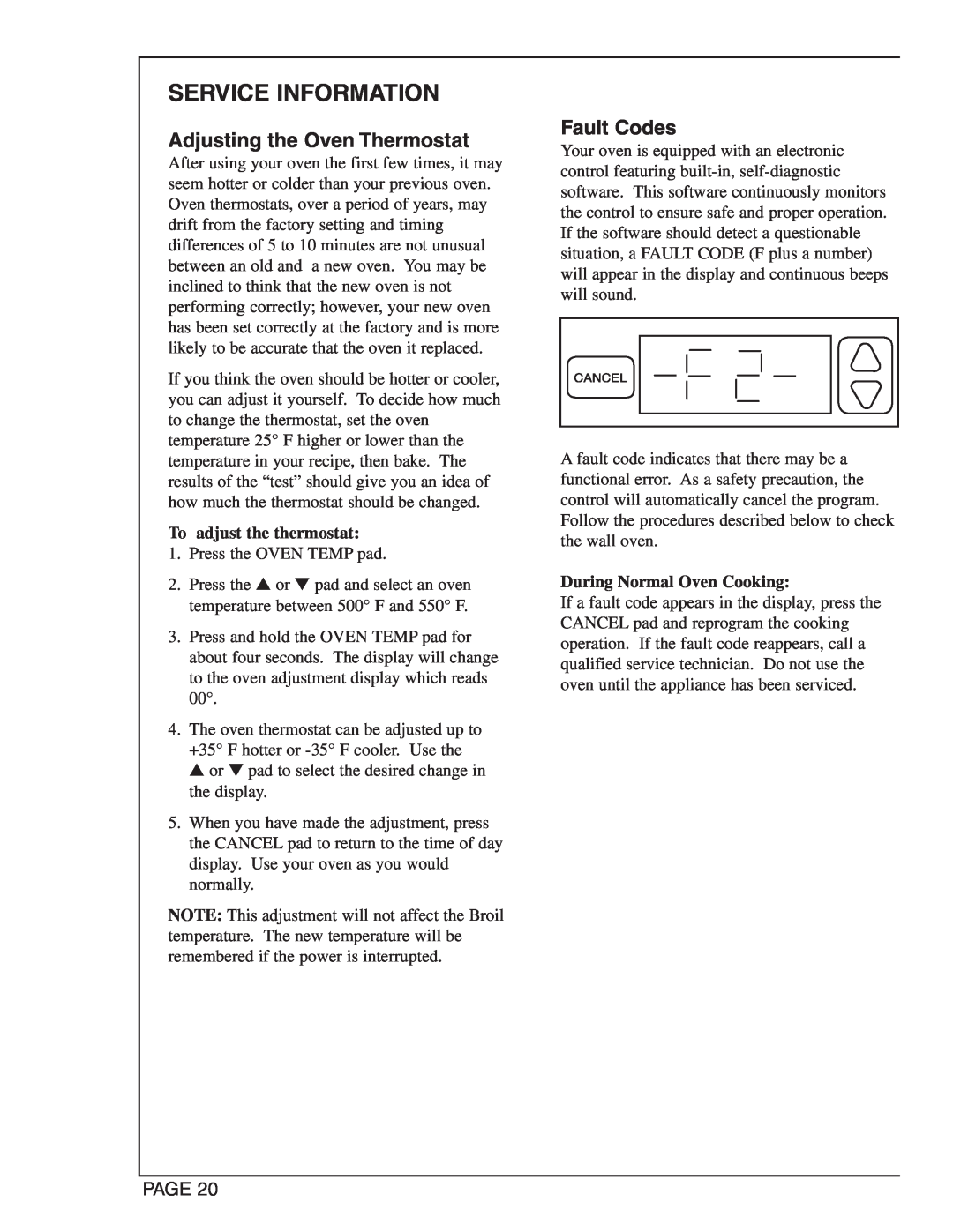 Maytag CWG4600 manual Service Information, Adjusting the Oven Thermostat, Fault Codes, To adjust the thermostat, Page 