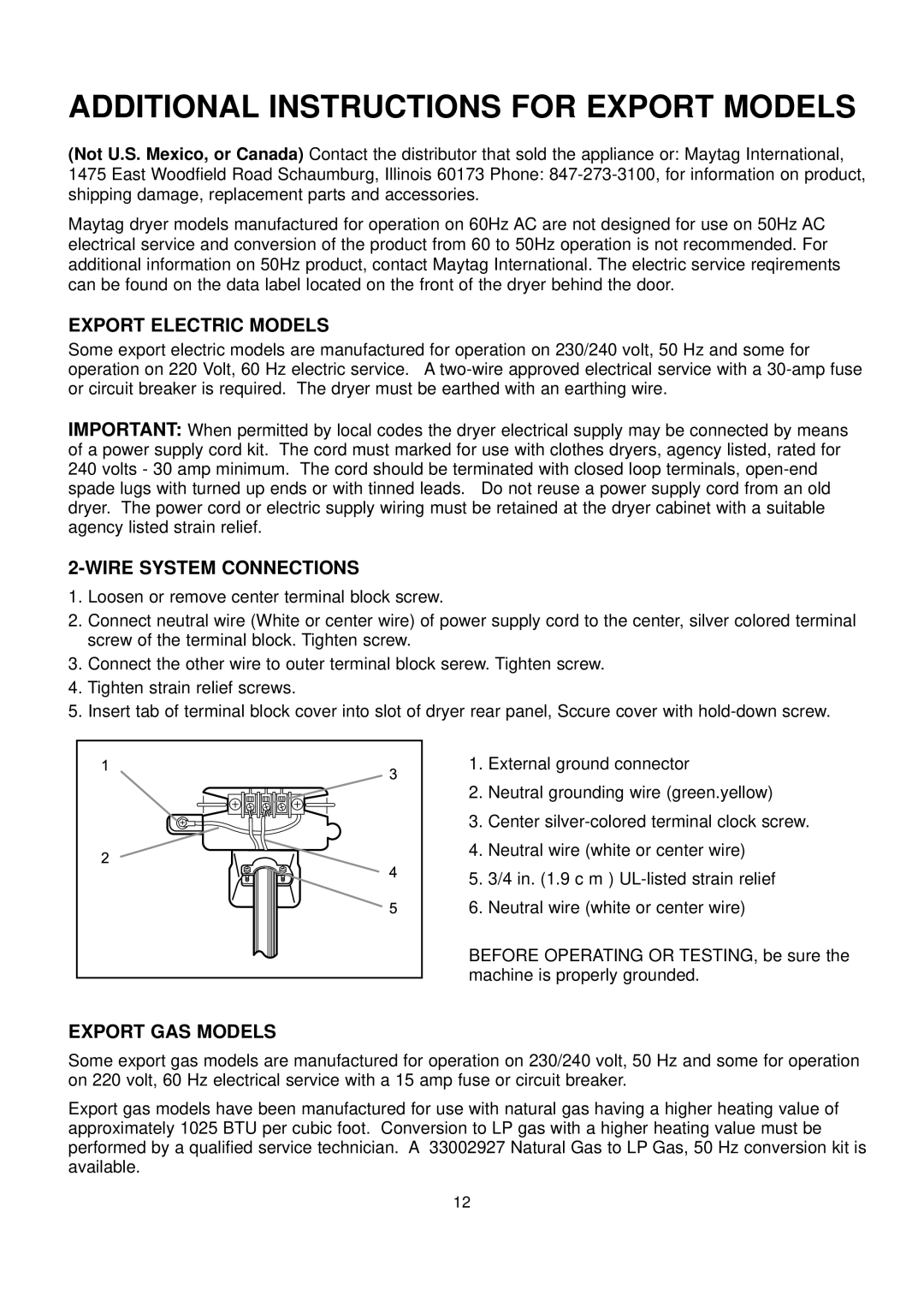 Maytag DC68-02033B-03 Additional Instructions for Export Models, Export Electric Models, Wire System Connections 