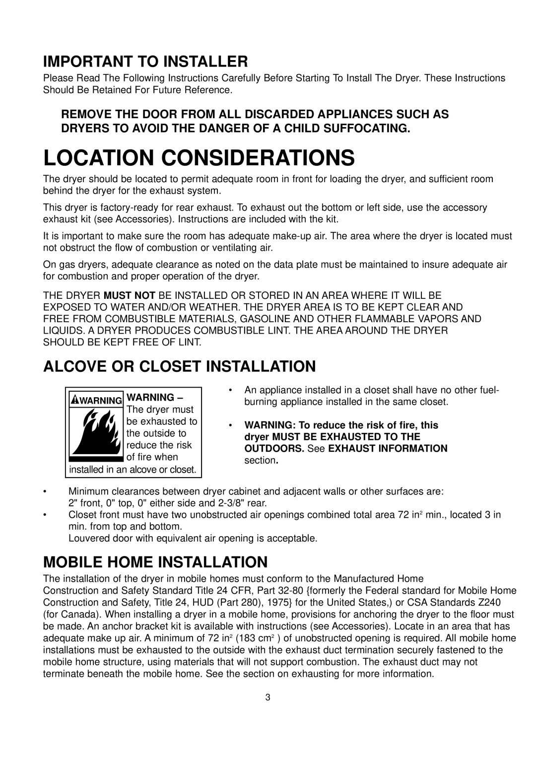 Maytag DC68-02033B-03 Important to Installer, Alcove or Closet Installation, Mobile Home Installation 