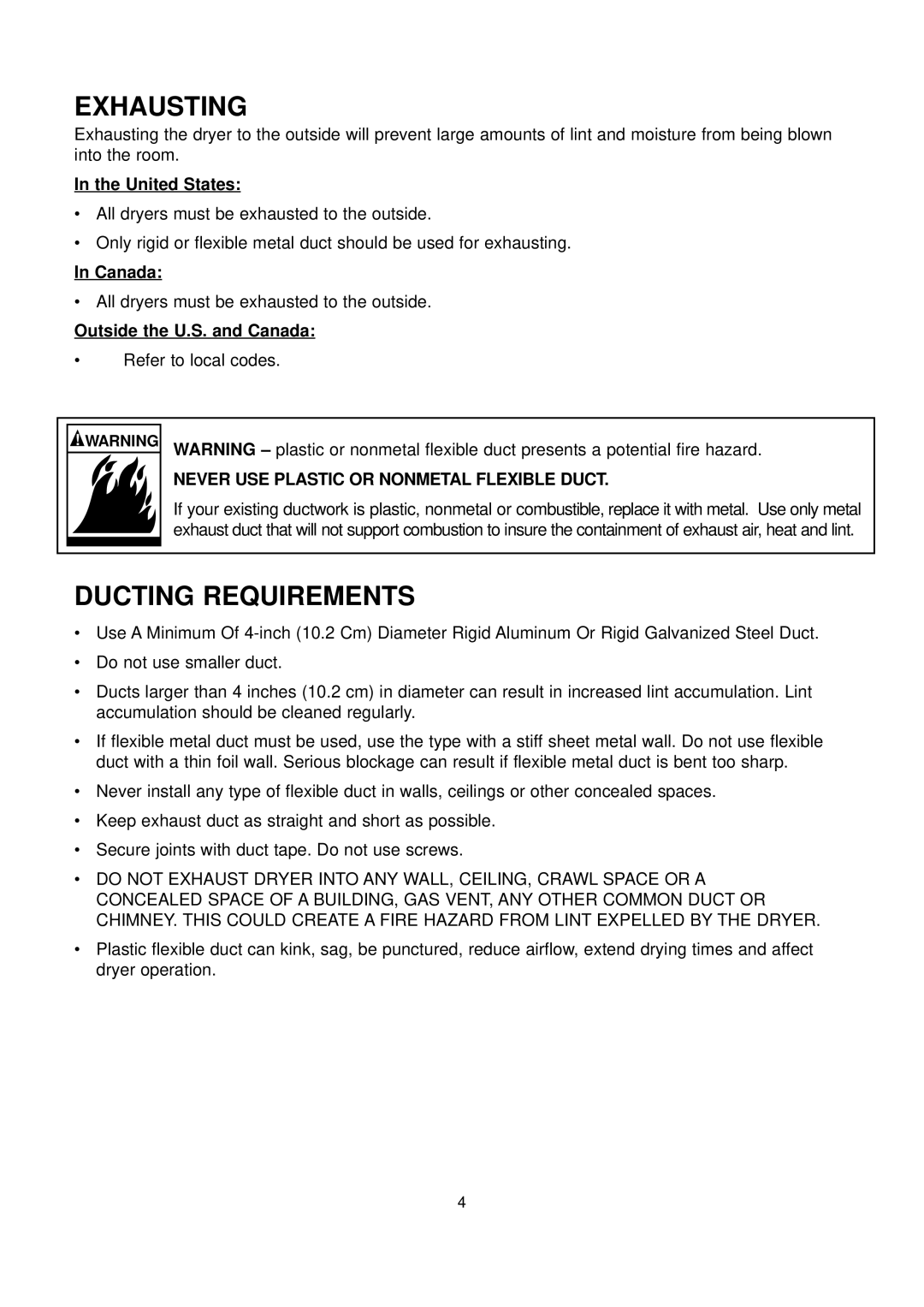 Maytag DC68-02033B-03 Exhausting, Ducting Requirements, Never USE Plastic or Nonmetal Flexible Duct 