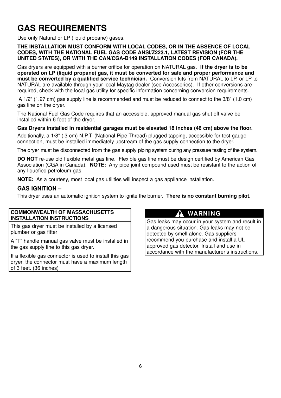 Maytag DC68-02033B-03 installation instructions GAS Ignition, Commonwealth of Massachusetts Installation Instructions 