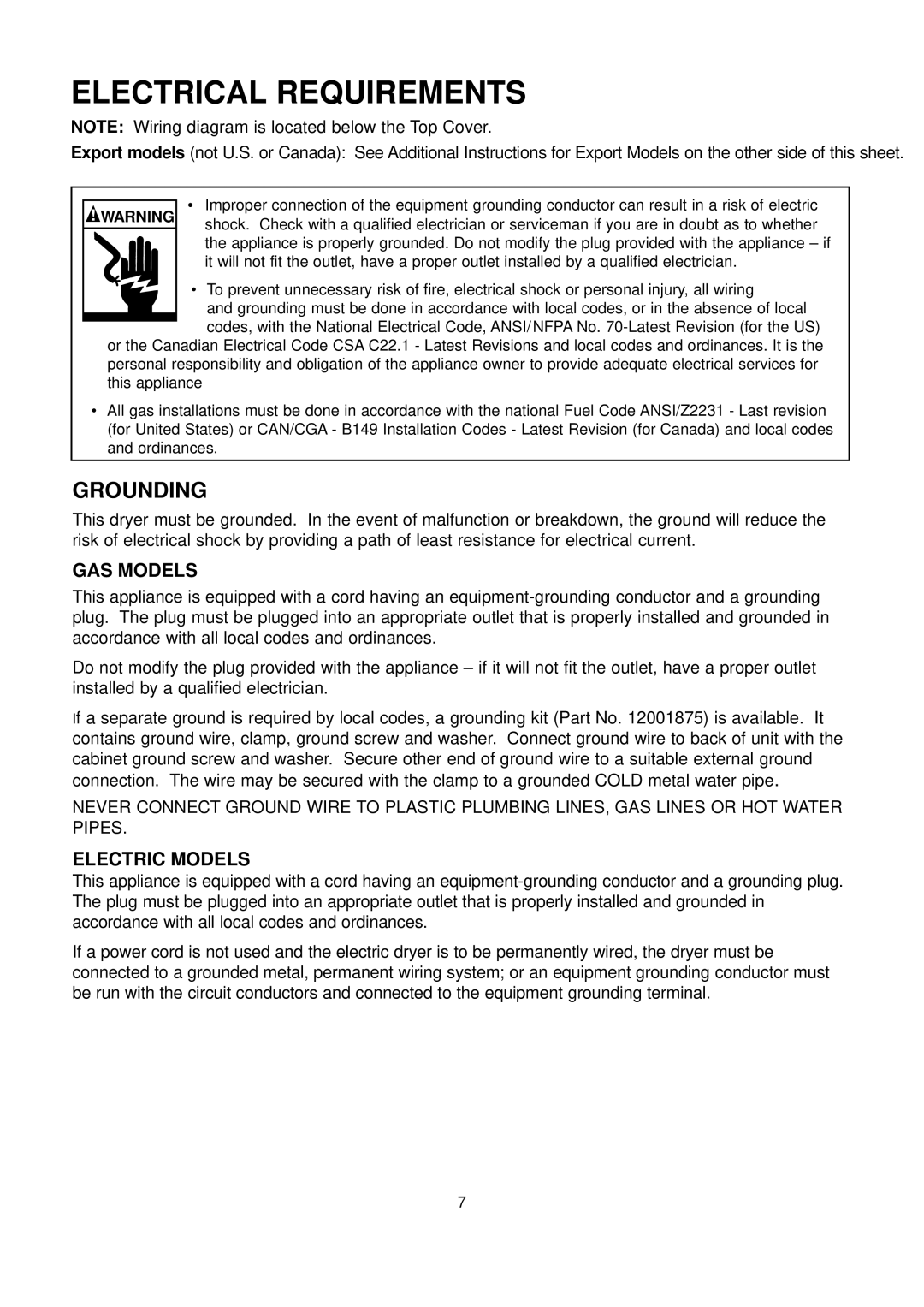 Maytag DC68-02033B-03 installation instructions Electrical Requirements, GAS Models, Electric Models 