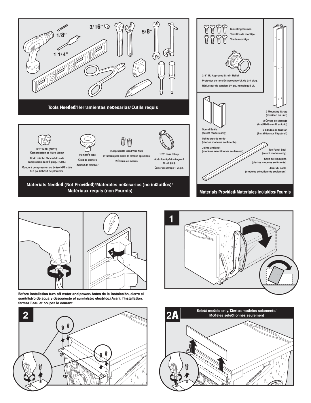 Maytag Dishwasher installation instructions 1/8”, 3/16”, 5/8”, 1 1/4”, Tools Needed/Herramientas necesarias/Outils requis 