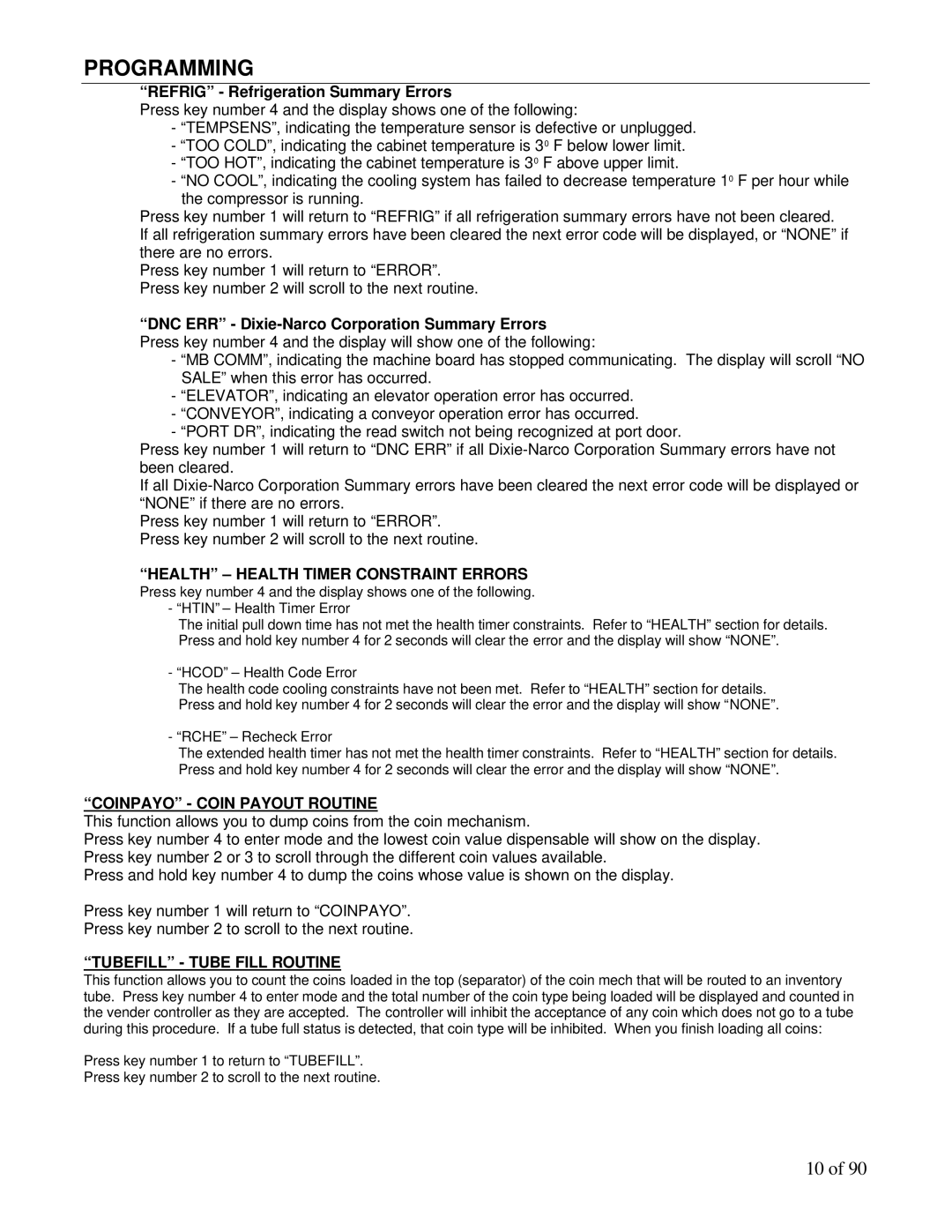 Maytag DN3000, DN5000 manual Refrig Refrigeration Summary Errors, DNC ERR Dixie-Narco Corporation Summary Errors 