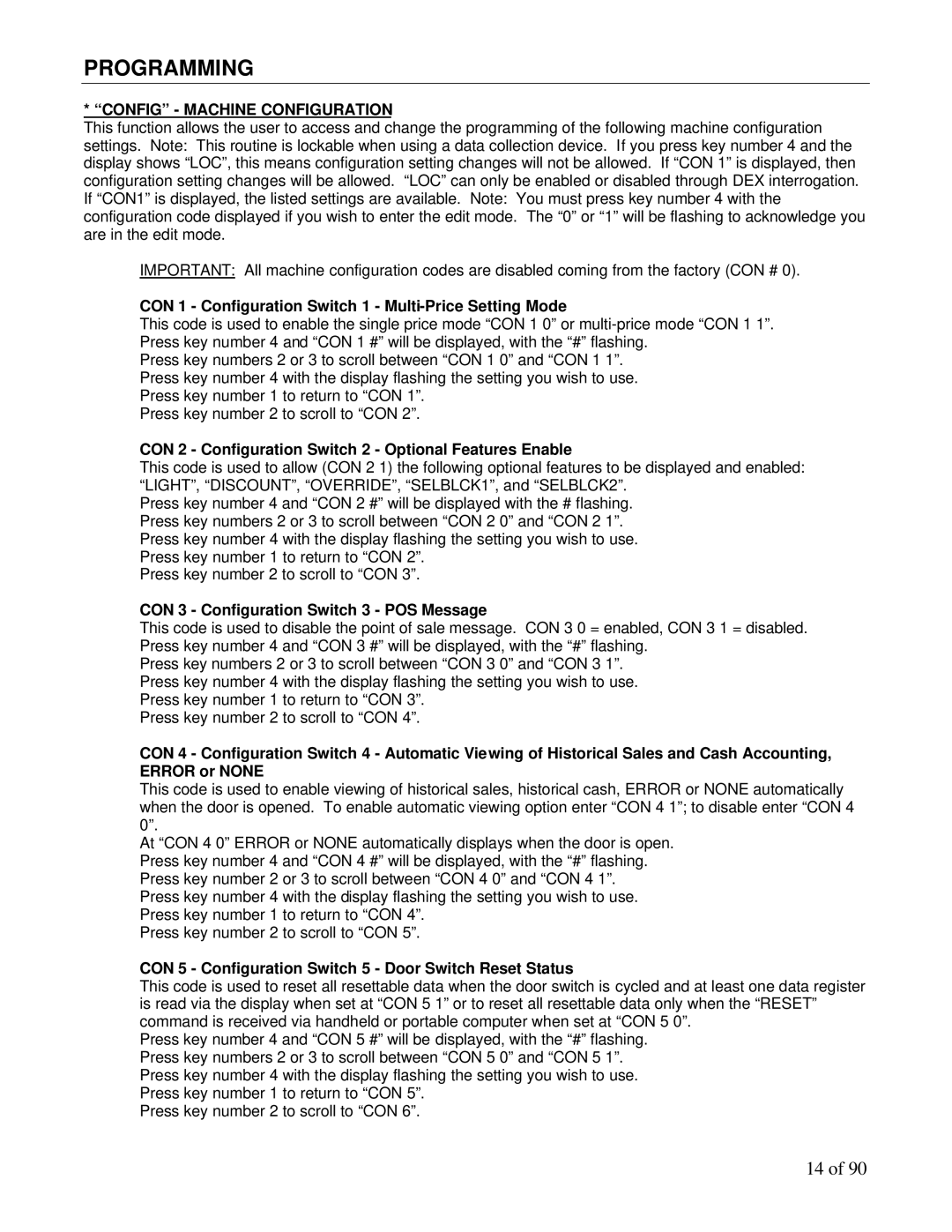 Maytag DN3000, DN5000 manual Config Machine Configuration, CON 1 Configuration Switch 1 Multi-Price Setting Mode 