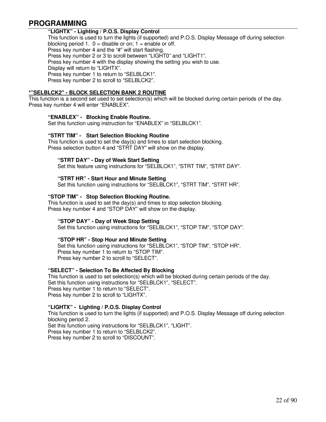Maytag DN3000, DN5000 manual Lightx Lighting / P.O.S. Display Control, SELBLCK2 Block Selection Bank 2 Routine 