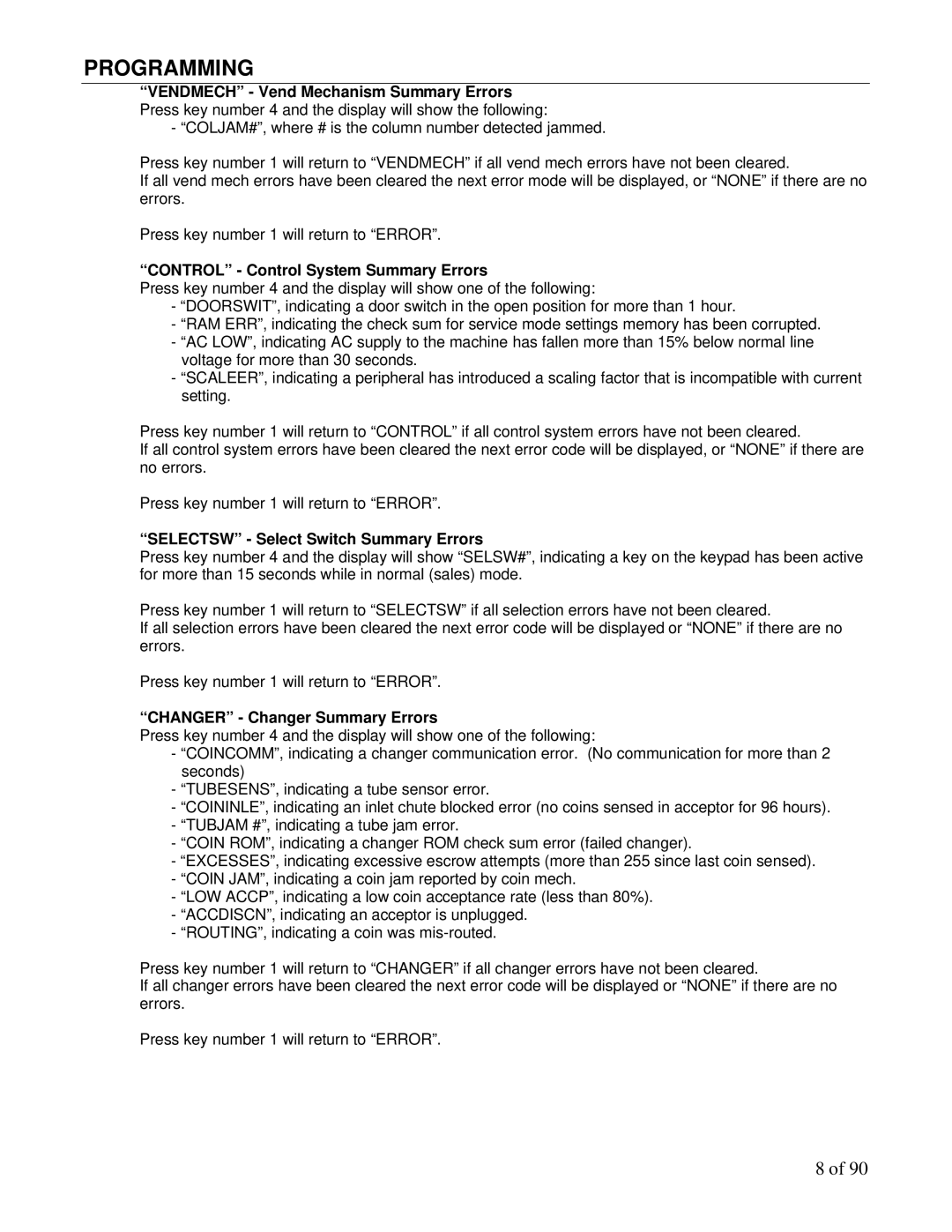 Maytag DN3000 Control Control System Summary Errors, Selectsw Select Switch Summary Errors, Changer Changer Summary Errors 