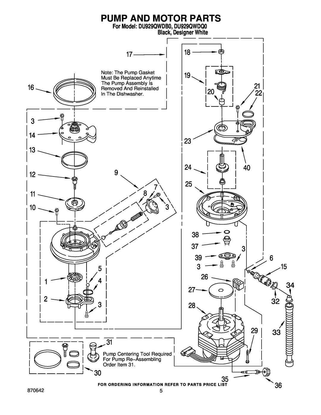 Maytag manual Pump And Motor Parts, For Model DU929QWDB0, DU929QWDQ0 Black, Designer White 