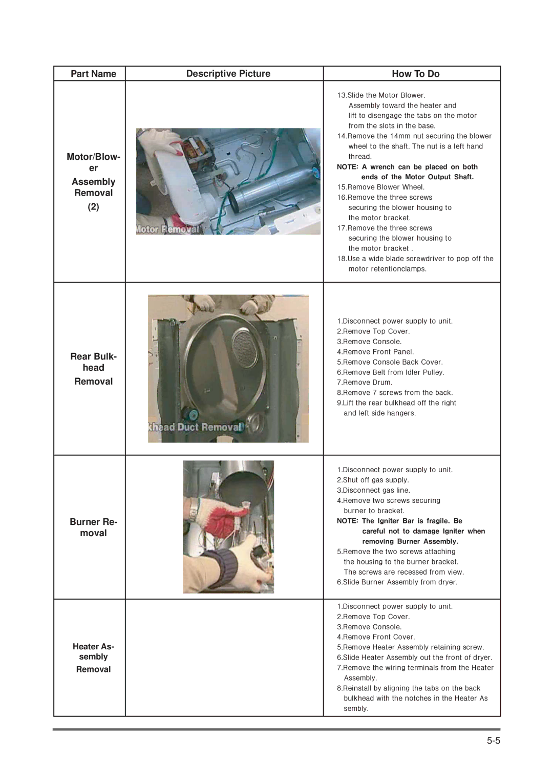 Maytag DV316LG manual Removal, Rear Bulk, Burner Re 