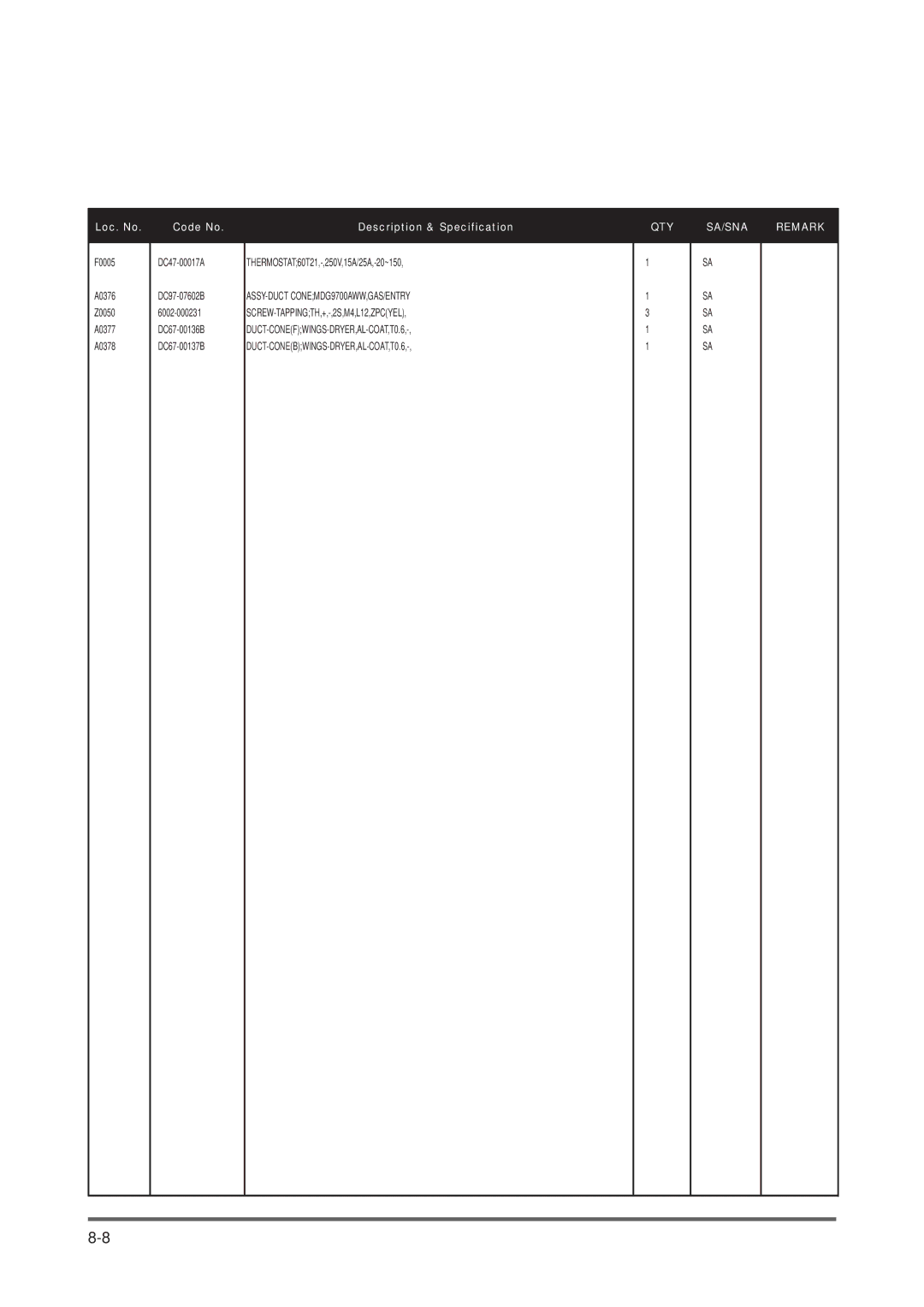 Maytag DV316LG manual F0005 A0376 Z0050 A0377 A0378 