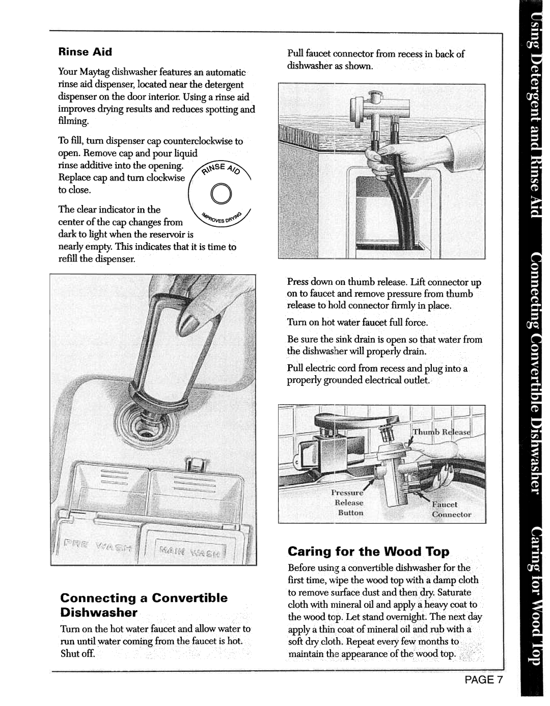 Maytag DWU8330, DWC8330 manual Connecting a Convertible, Caring for the Wood Top, Dishwasher, To close, Refill thedispenser 