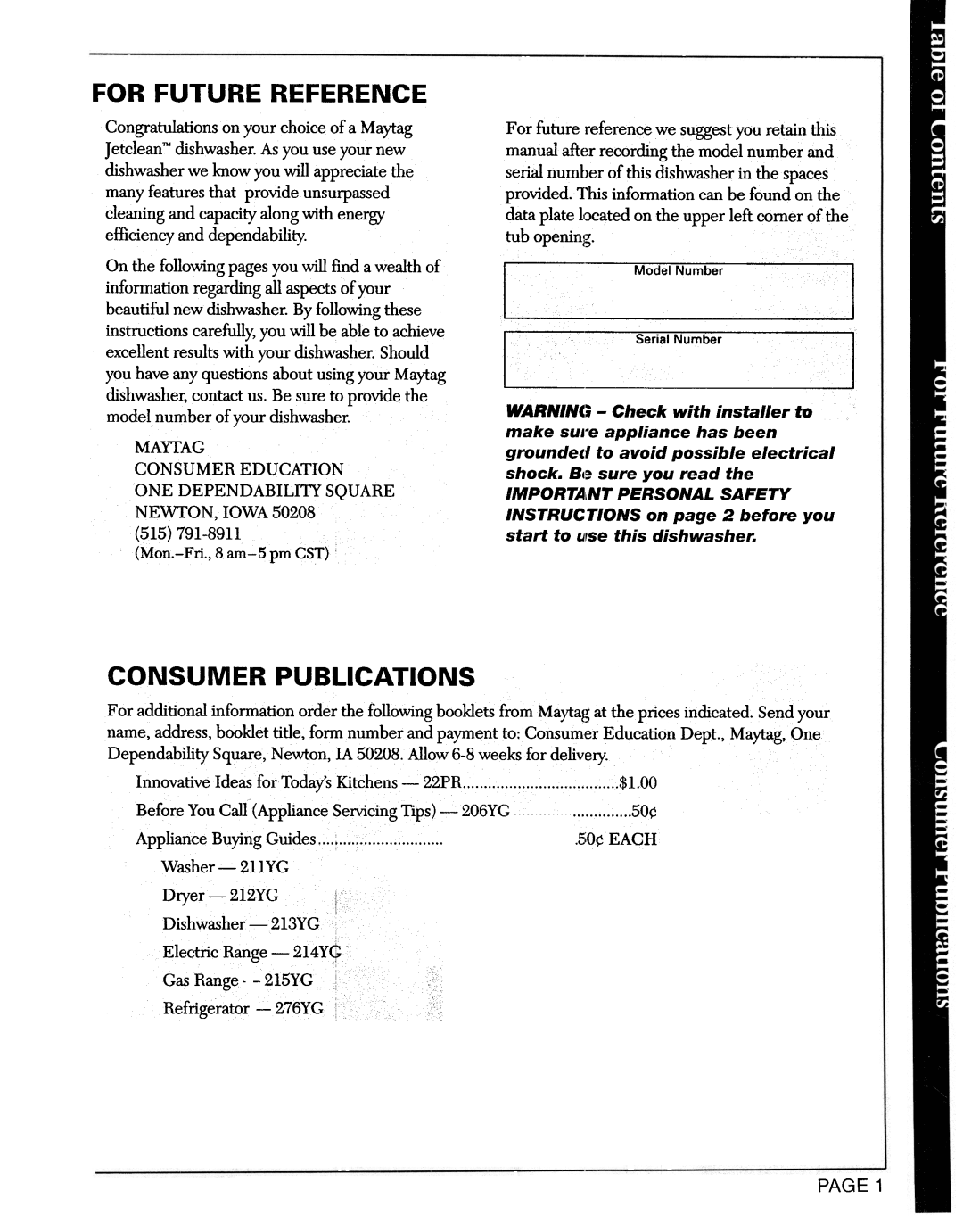 Maytag DWC8330, DWU8330 manual For Future Reference, Consumer Publications 