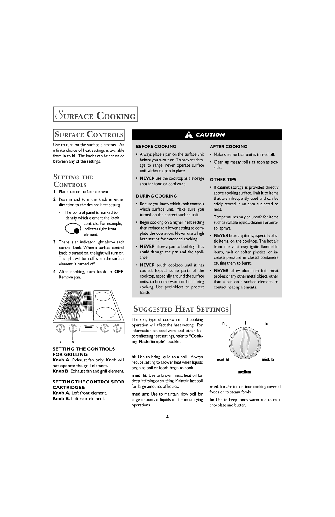 Maytag ELECTRIC DOWNDRAFT SLIDE-IN RANGE warranty Surface Controls, Suggested Heat Settings, Setting Controls 