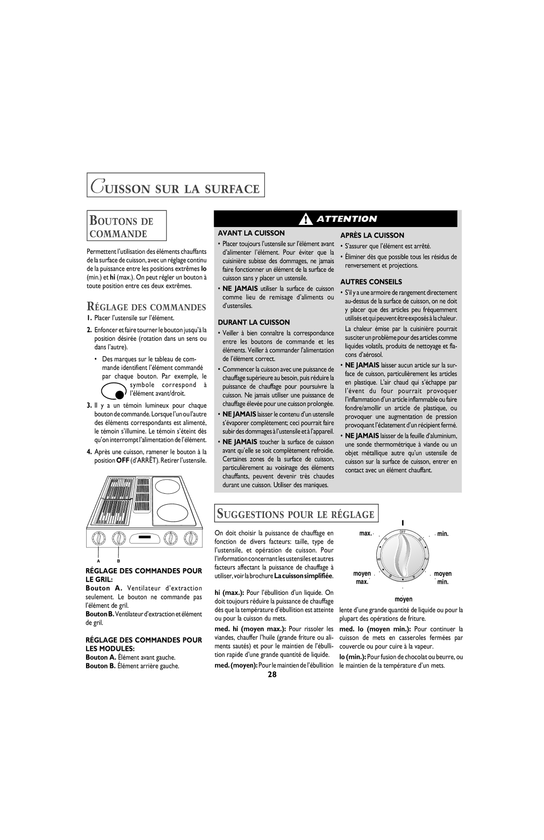 Maytag ELECTRIC DOWNDRAFT SLIDE-IN RANGE warranty Boutons DE Commande, Suggestions Pour LE Réglage, Réglage DES Commandes 