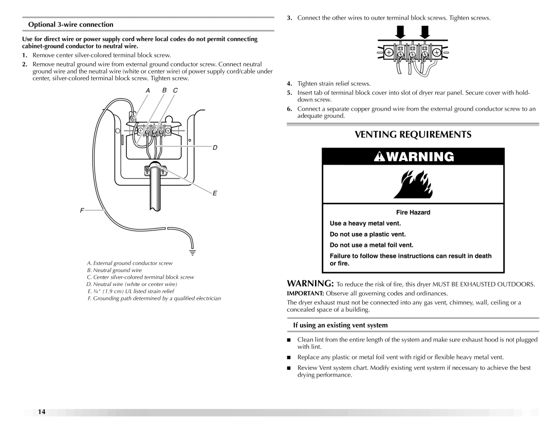 Maytag ELECTRIC DYER manual Venting Requirements, Optional 3-wire connection, If using an existing vent system 