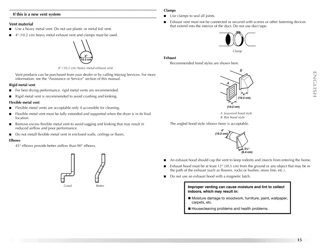 Maytag ELECTRIC DYER manual If this is a new vent system Vent material 