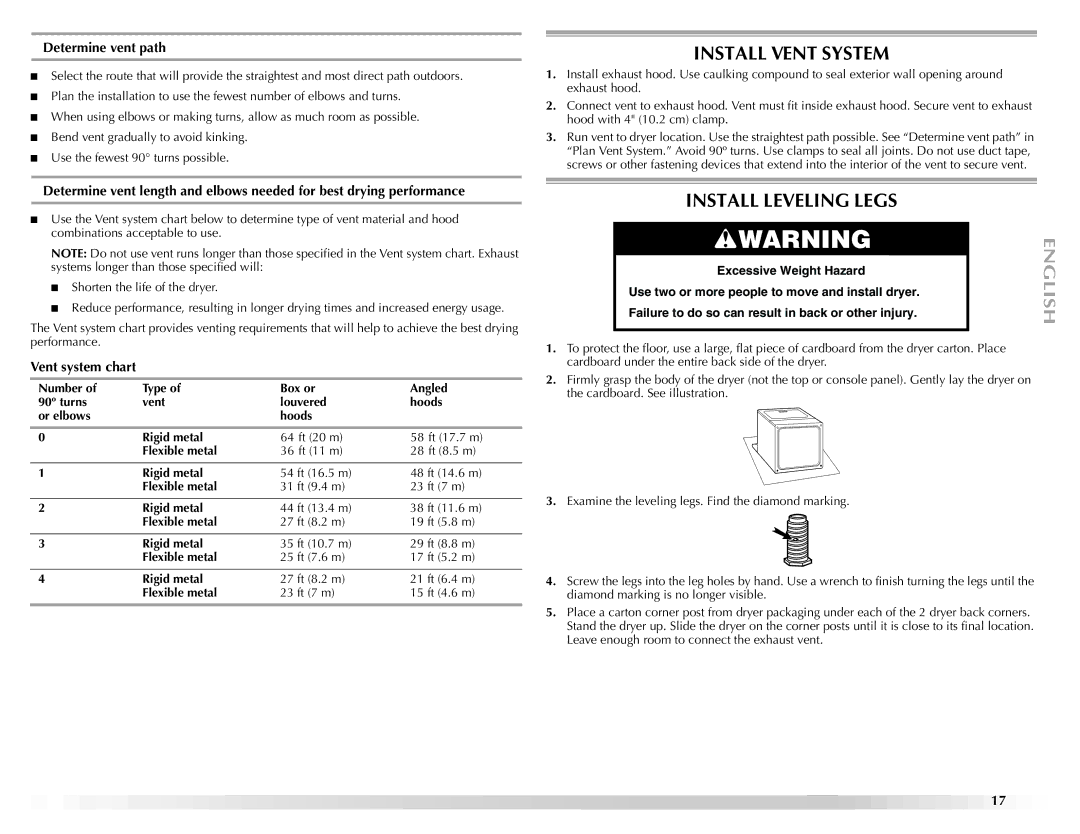 Maytag ELECTRIC DYER manual Install Vent System, Install Leveling Legs, Determine vent path, Vent system chart 