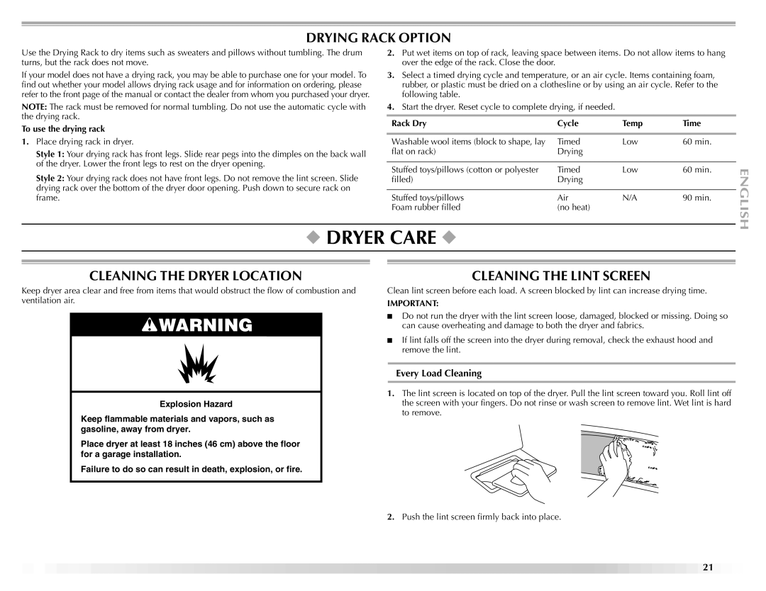 Maytag ELECTRIC DYER manual Dryer Care, Drying Rack Option, Cleaning the Dryer Location, Cleaning the Lint Screen 